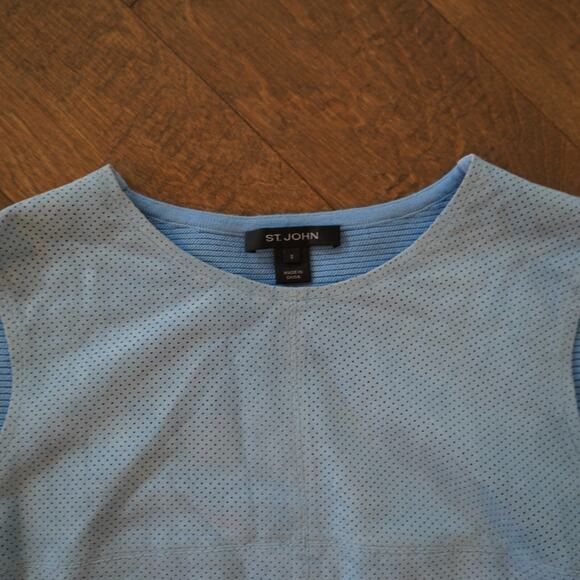 St. John Blue Wool Ribbed 1 button Jacket w perforated Leather with matching Top - Picture 7 of 11